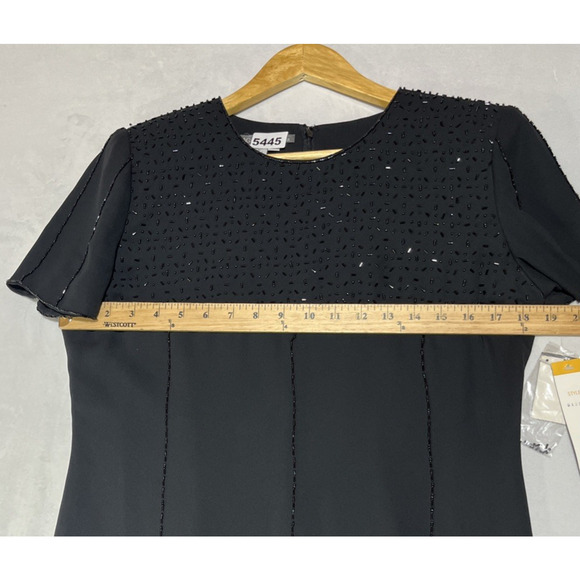 Maggy London Chiffon Sequin Dress 6 Black Midi Short Sleeve Classic Elegant - Picture 9 of 13